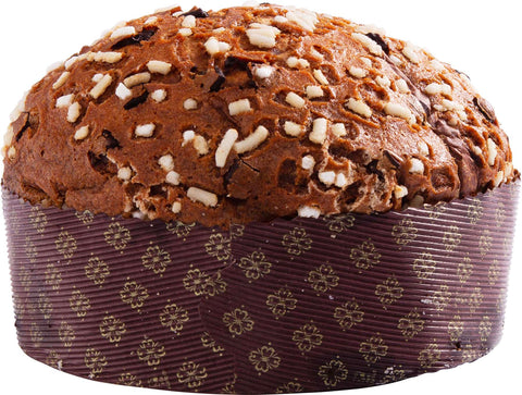 Panettone con gotas de chocolate y cubierto con perlas de azúcar crujiente. Confeccionado a mano.